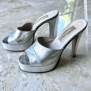 Tsakiris Mallas Silver Metallic Open-Toe Platform leather Mules